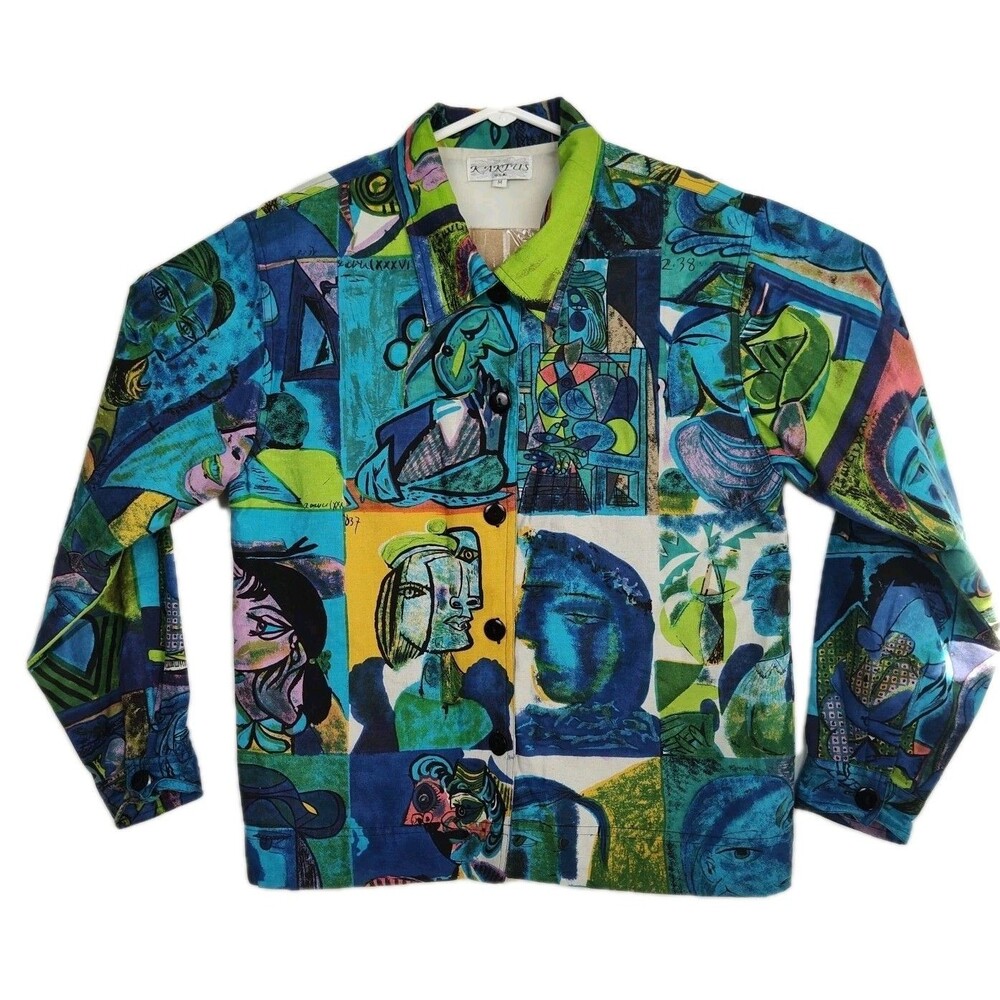 Vintage Kaktus Picasso-Style Women's Blazer Jacket, Full Print Multicolored, Med
